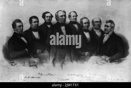 Präsident Zachary Taylor steht vor seinem Kabinett, von links sitzend: Reverdy Johnson, Generalanwalt; William M. Meredith, Finanzminister; William B. Preston, Sekretär der Marine; George W. Crawford, Kriegsminister; Jacob Collamer, Generalpostmeister; Thomas Ewing, Innenminister, und John M. Clayton, Staatssekretär. Lithographie von Francis D'Avignon, herausgegeben von Mathew Brady, 1849. Stockfoto