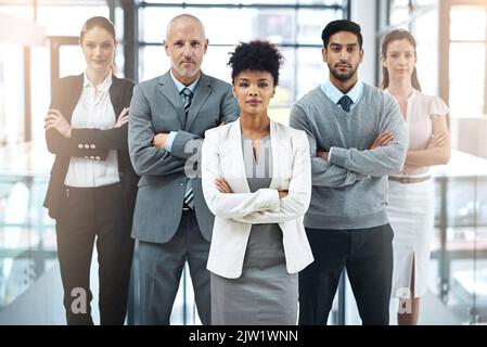 Wir setzen uns dafür ein, Ihnen Konsistenz und Qualität zu bieten. Porträt einer fokussierten Gruppe von Kollegen, die in einem modernen Büro zusammenstehen. Stockfoto