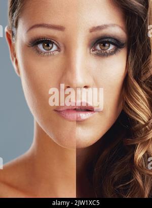 Mein Gesicht, meine Leinwand. Zusammengesetzte Aufnahme einer Frau mit und ohne Make-up. Stockfoto