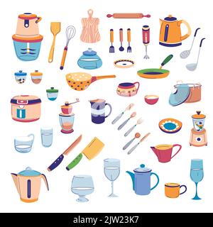 Kochen Geschirr und Besteck, Geräte-Set Stock Vektor