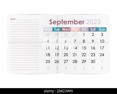 Kalender September 2023 auf weißem Hintergrund. Vektorgrafik. Stockfoto