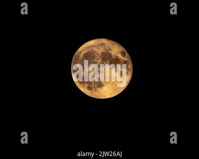 Hellgelb Juli 2022 Vollbuck Mond isoliert auf schwarz. Vancouver, British Columbia, Kanada, 13. Juli 2022 Stockfoto