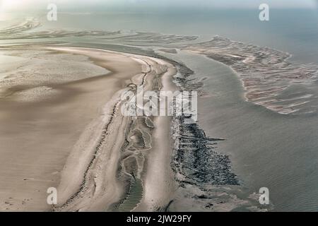 Sandbank bei Amrum, durch Wind und Wasser geformte Strukturen, Luftaufnahme, Nationalpark Schleswig-Holsteinisches Wattenmeer, Nordsee, Deutschland Stockfoto