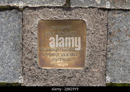 Stolperstein, Gedenkstein an einen jüdischen Mitbürger, der 1940 von den Nazis ermordet wurde, Altstadt Kempten (Allgäu), Bayern, Deutschland Stockfoto