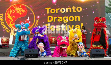 Toronto, Kanada. 2. September 2022. Löwentänzer treten während des Toronto Dragon Festival auf dem Nathan Phillips Square in Toronto, Kanada, am 2. September 2022 auf. Veranstaltet von der Canadian Association of Chinese Performing Arts (CACPA), findet diese jährliche Veranstaltung hier vom 2. Bis 4. September statt, um die traditionelle chinesische Kultur durch darstellende Kunst, Handwerkskunst, Lebensmittelhändler und mehr zu fördern. Quelle: Zou Zheng/Xinhua/Alamy Live News Stockfoto