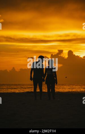 Rückansicht Silhouette eines anonymen liebenden Paares, das die Hände hält und am Strand in der Nähe des welligen Meeres vor dem malerischen Sonnenuntergangshimmel in Clearwater steht Stockfoto