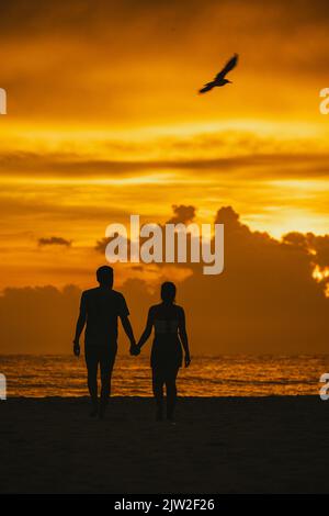 Rückansicht Silhouette eines anonymen liebenden Paares, das die Hände hält und am Strand in Richtung Wellenmeer geht, gegen den malerischen Sonnenuntergang in Clearwater Stockfoto