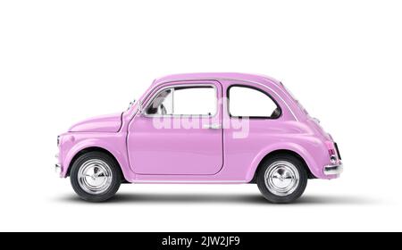 Pink vintage Spielzeugauto isoliert auf weißem Hintergrund Stockfoto