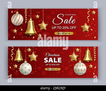 Weihnachtliches rotes Banner mit Goldglocke, Goldstern, weißen weihnachtskugeln. Vektorgrafik für Verkaufsgutscheine Stock Vektor