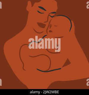 Hand gezeichnet Vektor abstrakt Stock flach Grafik zeitgenössische Linie Kunst, ästhetische Mode Illustration mit böhmischen, schöne moderne Frau mit einem Baby Stock Vektor