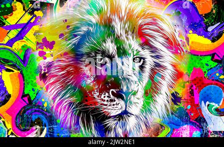 Graffiti mit Löwen an der Wand mit Tiger-Farbkunst Stockfoto