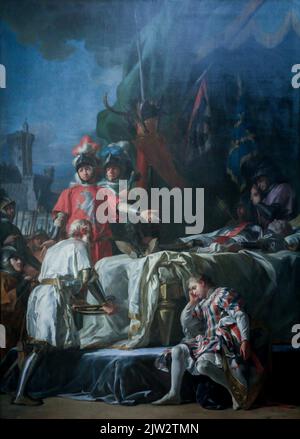 Der Tod von du Guesclin durch Nicolas-Guy Brenet zeigt die letzten Momente des französischen Ritters Bertrand du Guesclin, eines Helden des Hundertjährigen Krieges. Stockfoto