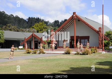 Eine Gruppe von Tamaki Maori Tänzern führen ihren traditionellen Zeremonentanz, Haka, zum Wohle der Besucher vor dem Wharenui (Maori Meeting Hou Stockfoto