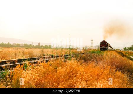 Doğu Express (türkisch: Doğu Express) ist ein Nachtzug der türkischen Staatsbahnen. Isoliert auf weißem Hintergrund. Stockfoto