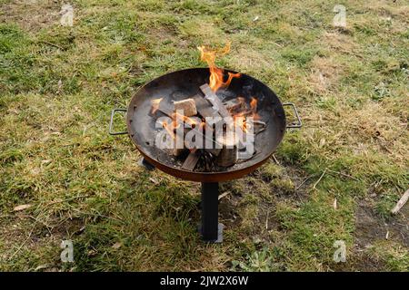 Eine Feuerstelle auf einer Farm, die mit einem kleinen Feuer und recyceltem Öko-Holz angezündet ist, sieht Flammen und Rauch Stockfoto