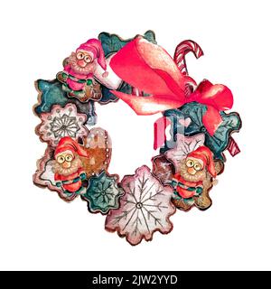 Aquarell illustrative Weihnachten süßen Kranz von Lebkuchen, stilisiert als Schneeflocken und Herzen, Gnomesfür Weihnachten Aufkleber, Postkarten, drucken Stockfoto