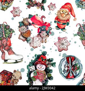 Aquarell Weihnachtsmuster mit Christmas Dekorationen, Zwerge, Weihnachtskränze in Form eines Skates, Schneemänner und Lebkuchen, Weihnachtskorb mit Stockfoto