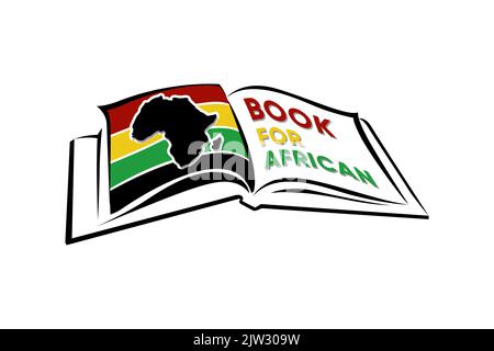 Buch-Logo Und Karte Von Afrika Mit Rot-Gelb-Grünen Hintergrund Stock Vektor