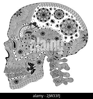 Stilisierter schwarzer menschlicher Schädel von Hand gezeichnet. Menschlicher Schädel. Menschliches Schädelprofil Stock Vektor