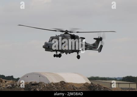 ZZ377, eine von der Royal Navy betriebene AgustaWestland Wildcat HMA2, die in RAF Fairford in Gloucestershire, England, ankommt, um an der Royal International Air Tattoo 2022 (RIAT 2022) teilzunehmen. Stockfoto