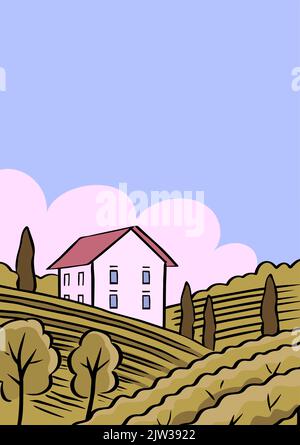 Weinberge Felder und Villa. Italienische Landschaft. Weinetikett. Design-Vorlage für Banner, Poster. Vektorgrafik Illustration Umriss Stock Vektor