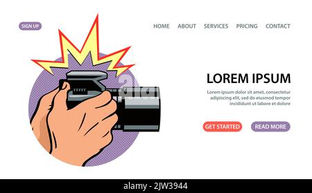 Mann Fotograf mit einer Kamera. Nahaufnahme der Hände. Fotostudio-Unterricht. Fotokurs. Design-Vorlage für Banner, Website. Vektorgrafiken Stock Vektor