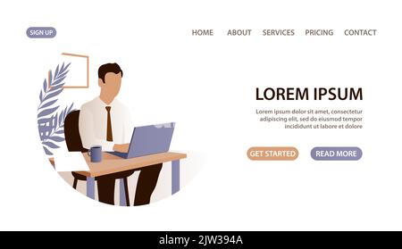 Ein junger Geschäftsmann arbeitet im Büro für einen Laptop. Junge Frau sitzt Tisch. Erfolgreiches Geschäft. Design für Banner, Website. Vektorgrafik Stock Vektor