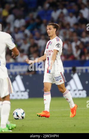 Maxence CAQUERET von Lyon während des Fußballspiels der französischen Ligue 1 zwischen Olympique Lyonnais (Lyon) und AJ Auxerre am 31. August 2022 im Groupama-Stadion in Decines-Charpieu bei Lyon, Frankreich - Foto Romain Biard / Isports / DPPI Stockfoto