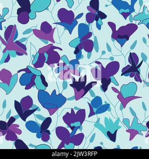 Lila blaue Orchideen Blumen nahtlose Muster. Tropische Pflanzen für Design, Textil, Druck, Tapeten, Geschenkpapier. Vektorgrafik. Stock Vektor