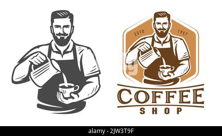 Barista-Logo-Vorlage für Cafés. Design-Vorlage für Restaurant- oder Café-Menü. Vektorgrafik des Kaffee-Emblems Stock Vektor