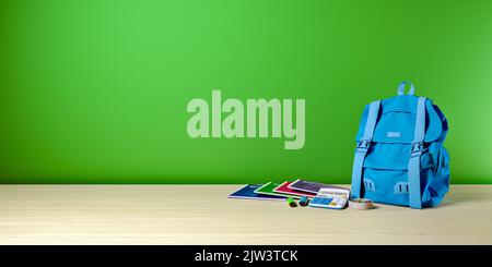 Schulrucksack auf Holztisch mit grüner Tafel im Hintergrund, Platz für Text. Zurück zum Schulkonzept. 3D Abbildung, 3D Rendering Stockfoto