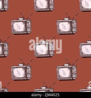 Retro-Fernseher mit gravierten, nahtlosen Antennenmustern. Vintage-Fernseher im handgezeichneten Stil. Skizzenstruktur für Stoff, Tapete, Textil, Druck, Titel, Stock Vektor