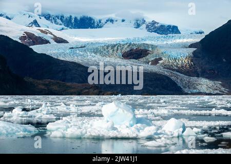 Fjord Calvo am Rande des Sarmiento-Kanals im Nationalpark Bernardo O'Higgins in Patagoniens chilenischen Fjorden bei Puerto Natales, Chile. Klima c Stockfoto