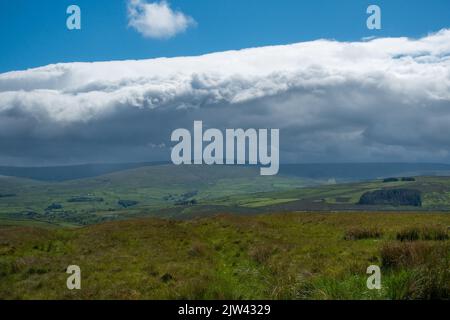 Atemberaubender Blick in ein sonnenbeschienes Weardale-Tal von Chapel Fell mit blauem Himmel und Sonnenschein, County Durham, England, Großbritannien Stockfoto