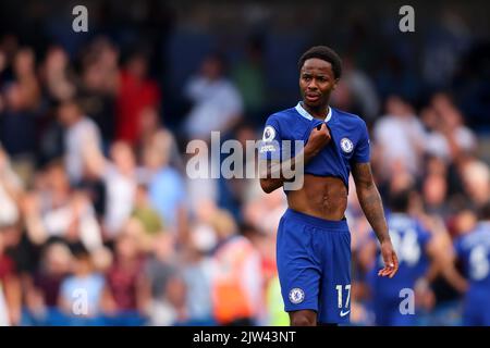 3.. September 2022; Stamford Bridge, Chelsea, London, England: Premier League Football, Chelsea gegen West Ham: Raheem Sterling von Chelsea Stockfoto