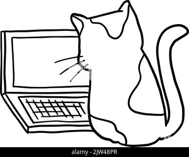 Cartoon Hand gezeichnet Katze sitzen vor dem Laptop Stock Vektor