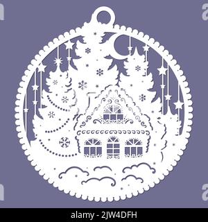 Schablone für Laserschneiden.Weihnachtskugel mit Tannen und Haus. Dekoration für den Innenraum, Weihnachtsbaum, Neujahr. Zum Schneiden beliebiger ma Stock Vektor