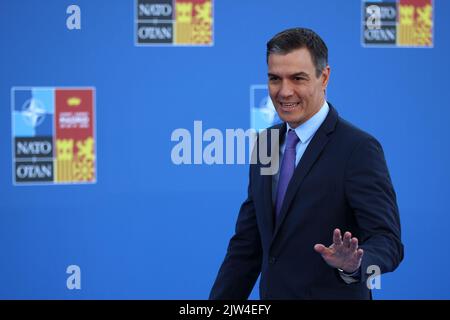 Spanien, Madrid - 30. Juni 2022: Der spanische Premierminister Pedro Sanchez nimmt am NATO-Gipfel in Madrid, Spanien, Teil. Stockfoto