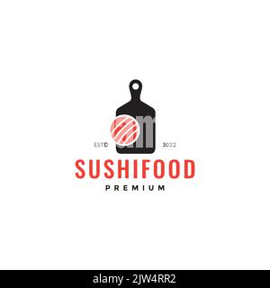 Sushi-Fischfleisch mit Schneidebrett-Logo-Design Stock Vektor
