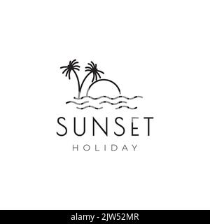Minimalistisches Strandwasser bei Sonnenuntergang und Kokosnussbaum-Logo Stock Vektor