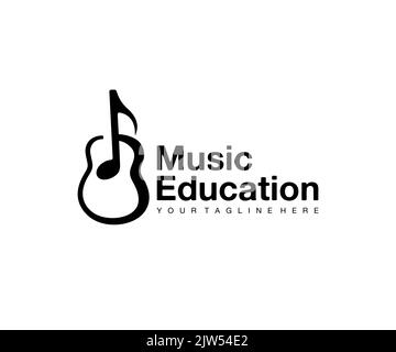 Musikunterricht, Noten und Gitarre, Logo-Design. Musikinstrument, Musikschule und Musik, Vektordesign und Illustration Stock Vektor