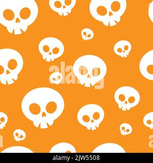Lustige weiße Schädel und Blumen isoliert auf orangefarbenem Hintergrund. Niedliche festliche Cartoon nahtlose Muster. Vektor einfache flache Grafik von Hand gezeichnet illustrationo Stock Vektor