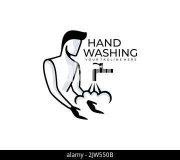 Der Mann wäscht sich die Hände und Wasser fließt aus dem Wasserhahn, Logo-Design. Sauberkeit, Hygiene und Hygiene, Vektordesign und Illustration Stock Vektor