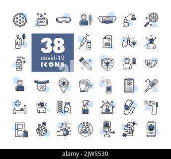 Festlegen von isolierten Symbolen für Corona-Virus-Vektor. Symptome und schützende Antivirus-Symbole im Zusammenhang mit Coronavirus, 2019-nCoV. Humane Lungenentzündung covid-19 Stock Vektor