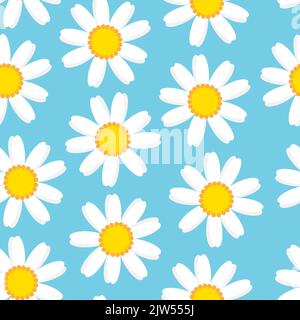 Gänseblümchen Blume nahtlos auf blauem Hintergrund Illustration.Nahtloses Muster mit Kamillenblumen auf blauem Hintergrund. Hübsches Blumenmuster zum Druck. Fla Stock Vektor