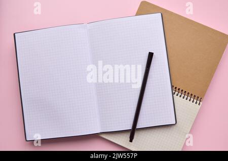 Offenes Notizbuch und Stift isoliert auf pastellrosa Hintergrund, trendige Flatlay. Stockfoto