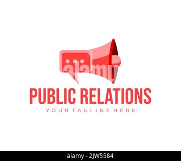 Öffentlichkeitsarbeit, Megaphon, Bullhorn und Sprechtrompete, Logo-Design. Public Opinion Management, soziale Interaktionen, Zielgruppe Stock Vektor