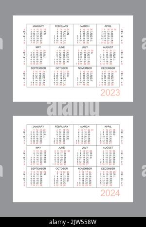 Horizontaler Kalender für 2 Jahre - 2023, 2024. Einfaches Kalenderraster auf weißem Hintergrund isoliert, Sonntag bis Montag, Geschäftsvorlage. Jährlich calenda Stock Vektor