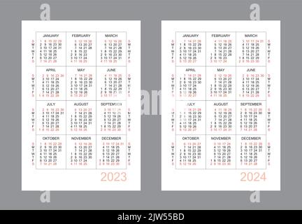 Vertikaler Kalender für 2 Jahre - 2023, 2024. Einfaches Kalenderraster auf weißem Hintergrund isoliert, Sonntag bis Montag, Geschäftsvorlage. Jahreskalender Stock Vektor