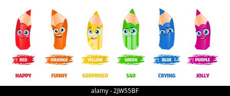 Sammlung von Farben Bleistiftfiguren mit verschiedenen menschlichen Emotionen für die Kindererziehung. Farbset von Bleistiftgesichtern mit unterschiedlichen Ausdrücken. Stock Vektor